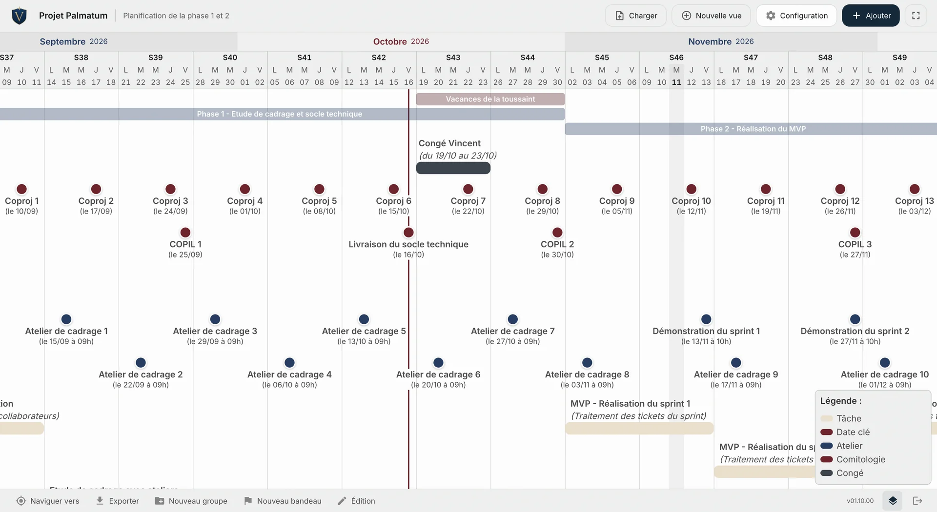 Vue Horizon « Plan projet » : la planification des phases 1 et 2 du projet Palmatum, de septembre à décembre 2026. L'axe de temps est gradué en mois, semaines et jours ; deux bandeaux de phase couvrent l'étude de cadrage puis la réalisation du MVP ; s'y superposent les tâches, deux dates clés (lancement du projet, livraison du socle technique), la comitologie (comités de projet hebdomadaires et COPIL mensuels), une dizaine d'ateliers de cadrage, les démonstrations de sprint et un congé. Une légende associe une couleur à chacun de ces types.
